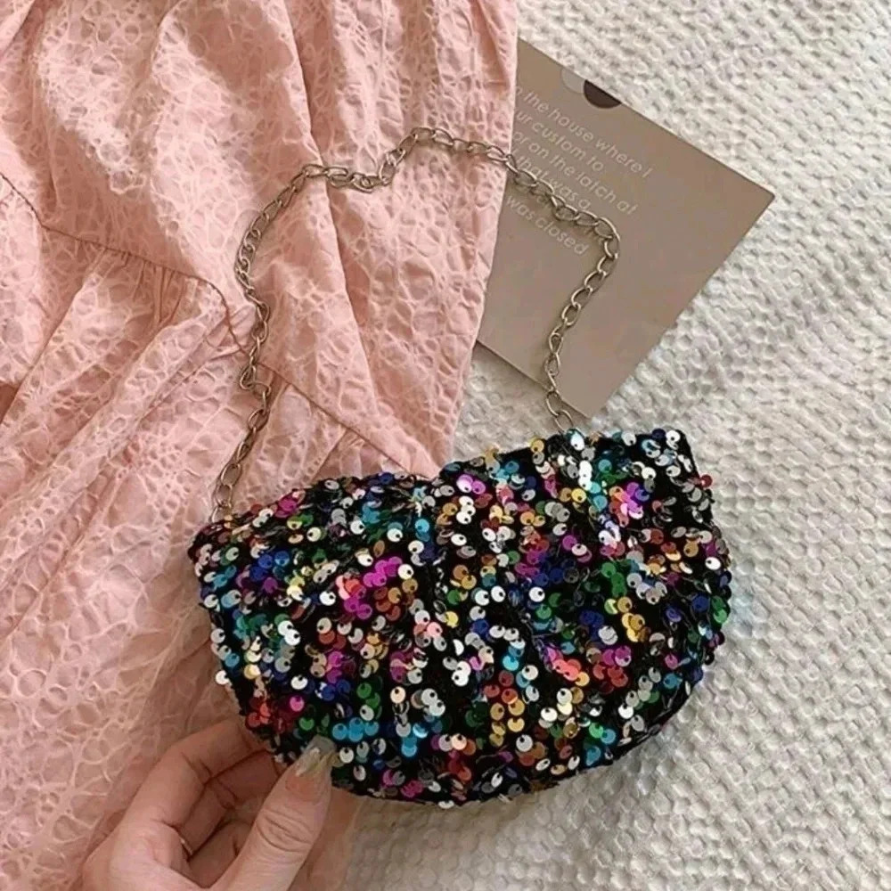 Lux multicolor rainbow sequin mini purse satchel womens bag hand bag chain cross
